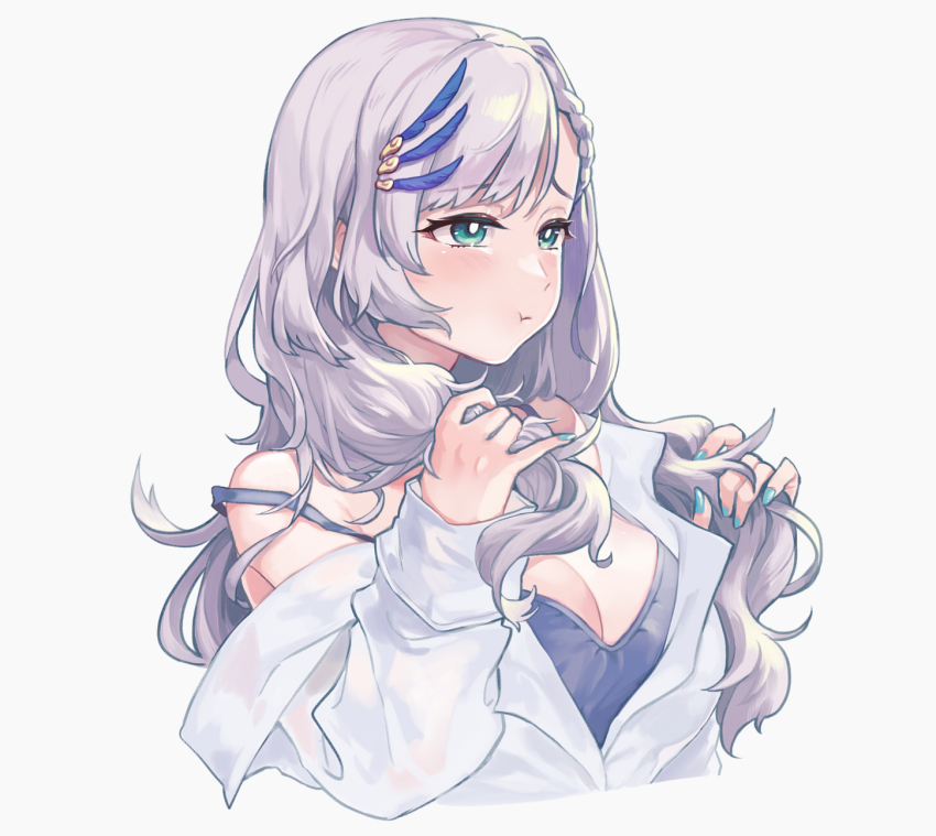 1girl :t asterisk_(pmpalg_v) blue_camisole blue_eyes blue_nails blush braid braided_bangs breasts bright_pupils camisole cleavage closed_mouth cropped_torso dress_shirt feather_hair_ornament feathers fingernails from_side furrowed_brow grey_hair hair_ornament hashtag-only_commentary highres holding holding_own_hair hololive hololive_indonesia large_breasts long_fingernails long_hair long_sleeves nail_polish off_shoulder partially_unbuttoned pavolia_reine pout shirt simple_background solo strap_slip virtual_youtuber white_background white_pupils white_shirt
