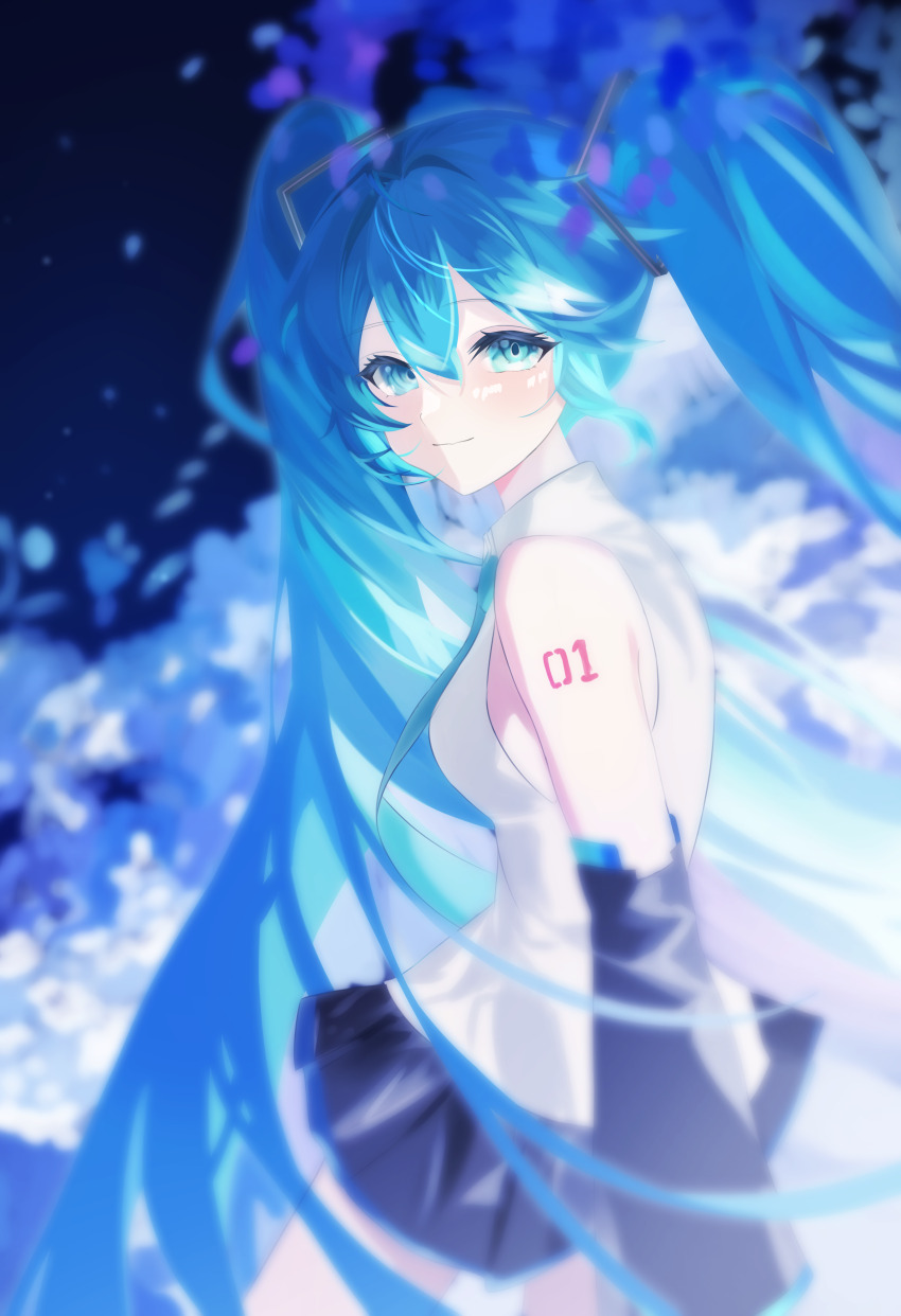 1girl absurdres bare_shoulders black_skirt black_sleeves blonde_hair blue_eyes blue_flower blue_hair blue_necktie blue_sky blurry blurry_background blush breasts closed_mouth collared_shirt commentary_request cowboy_shot detached_sleeves floral_background flower from_side hair_between_eyes hair_ornament hatsune_miku highres long_hair long_sleeves looking_at_viewer medium_breasts miniskirt necktie night night_sky number_tattoo outdoors petals pleated_skirt shirt skirt sky sleeveless sleeveless_shirt smile solo standing taigaphan tattoo twintails very_long_hair vocaloid white_flower white_shirt wide_sleeves