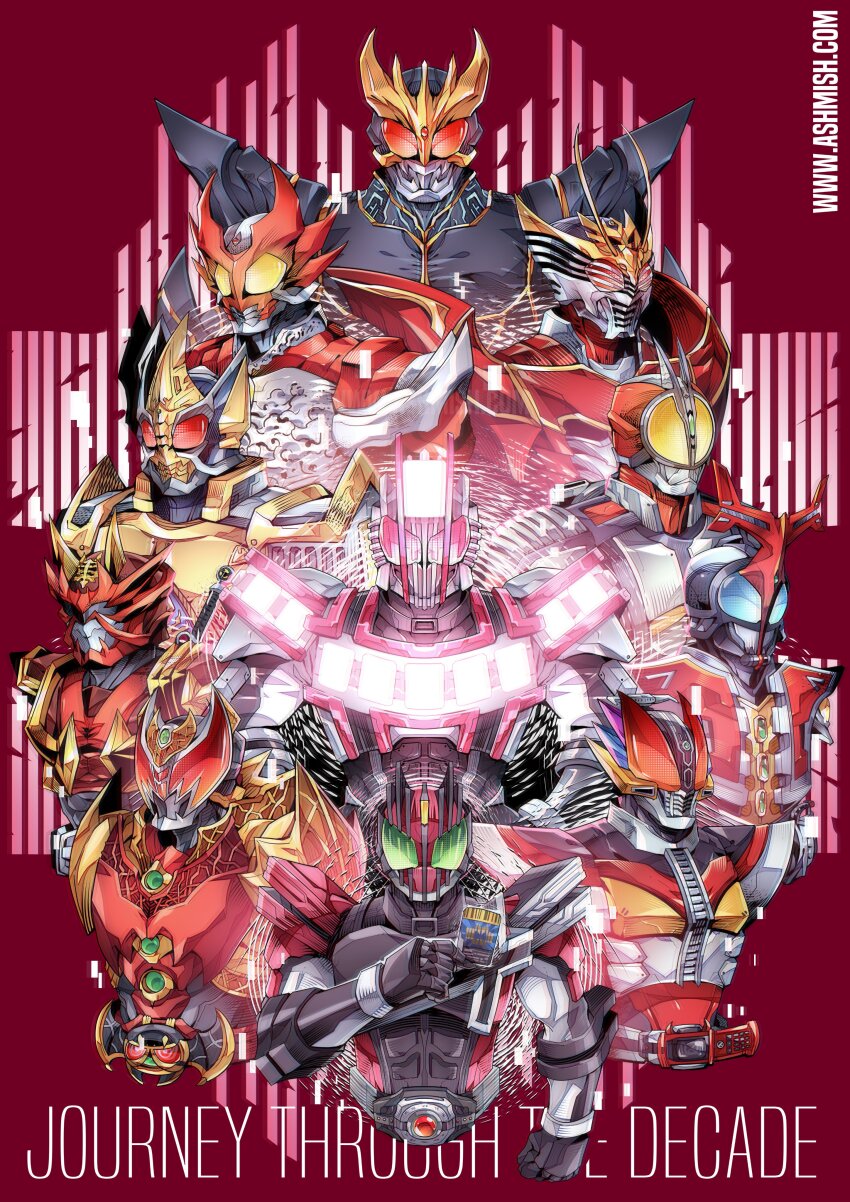 6+boys absurdres armor ashmish card decadriver helmet highres holding holding_card kamen_rider kamen_rider_555 kamen_rider_agito_(series) kamen_rider_agito_(shining_form) kamen_rider_blade_(king_form) kamen_rider_blade_(series) kamen_rider_dcd kamen_rider_decade kamen_rider_decade_complete_form kamen_rider_den-o kamen_rider_den-o_(series) kamen_rider_faiz kamen_rider_hibiki kamen_rider_hibiki_(series) kamen_rider_kabuto kamen_rider_kabuto_(series) kamen_rider_kiva kamen_rider_kiva_(series) kamen_rider_kuuga_(series) kamen_rider_kuuga_(ultimate_form) kamen_rider_ryuki_(series) kamen_rider_ryuki_survive male_focus multiple_boys power_armor red_background rider_belt song_name upper_body