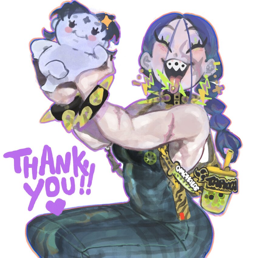 2girls backpack bag bare_shoulders black_collar black_hair black_nails blush blush_stickers bracelet braces braided_twintails breasts bubble_tea character_doll character_name collar cross cross_earrings cup curtained_hair disposable_cup dress drink drinking_straw earrings eyeshadow facial_mark facial_scar facing_viewer forehead_mark garlic_(keziedra) green_dress green_eyeshadow green_lightning hands_up heart highres holding holding_stuffed_toy invisible_chair jewelry keziedra kiwi_print lightning_bolt_earrings lightning_bolt_symbol long_eyelashes long_hair looking_at_viewer low_twintails makeup mismatched_earrings multiple_earrings multiple_girls multiple_scars nail_polish open_mouth original outline parted_bangs piercing purple_eyeshadow purple_outline scar scar_on_arm scar_on_cheek scar_on_face sharp_teeth sitting smile spiked_bracelet spiked_collar spikes star_(symbol) star_facial_mark strapless strapless_dress stuffed_toy tapioca_(keziedra) teeth thank_you tongue tongue_out tongue_piercing twintails upper_teeth_only yellow_bag