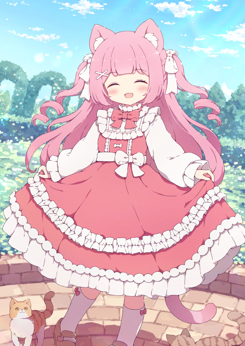 1girl ^_^ animal_ear_fluff animal_ears blunt_bangs blush bow bow_legwear bowtie cat cat_ears cat_girl cat_tail closed_eyes closed_mouth day dress facing_viewer foot_out_of_frame frilled_dress frilled_sleeves frills garden hair_ornament hair_ribbon highres long_hair long_sleeves open_mouth original outdoors pink_bow pink_bowtie pink_dress pink_hair pink_tail ribbon shoes skirt_hold smile socks solo standing tail two_side_up tyomimas waist_ribbon white_bow white_ribbon white_socks x_hair_ornament yellow_shoes