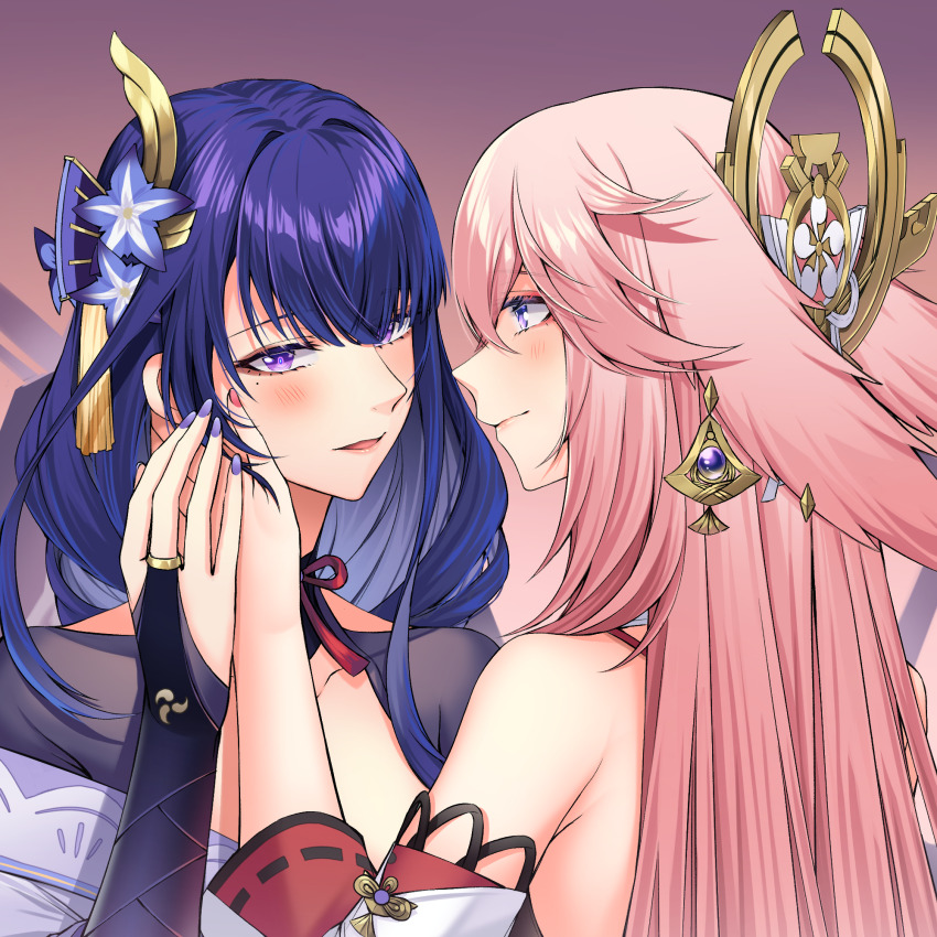 2girls animal_ears armpit_crease blue_flower bridal_gauntlets commentary english_commentary flower fox_ears genshin_impact gradient_background hair_flower hair_ornament highres holding_hands japanese_clothes kimono long_hair mole mole_under_eye multiple_girls pink_hair purple_background purple_eyes purple_hair purple_nails raiden_shogun sieka_(piiroinardesco) yae_miko yuri