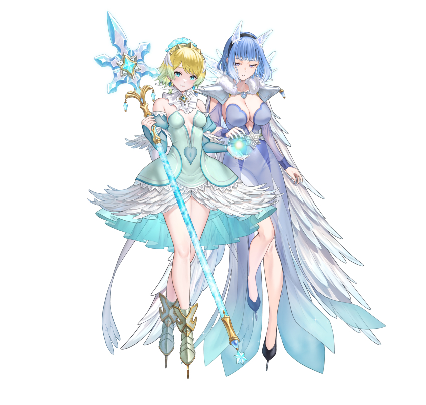 2girls absurdres bare_legs bare_shoulders blonde_hair blue_eyes blue_hair breasts cape cleavage covered_navel earrings feather_cape feather_trim fire_emblem fire_emblem_heroes fjorm_(fire_emblem) fjorm_(ice_tribe)_(fire_emblem) full_body gradient_hair highres holding holding_polearm holding_weapon ice_horns ice_skates jewelry kousei_horiguchi lance large_breasts looking_at_viewer medium_breasts multicolored_hair multiple_girls nail_polish nifl_(fire_emblem) nifl_(ice_tribe)_(fire_emblem) nintendo official_alternate_costume official_art polearm short_hair skates small_breasts smile tachi-e tiara transparent_background weapon white_cape