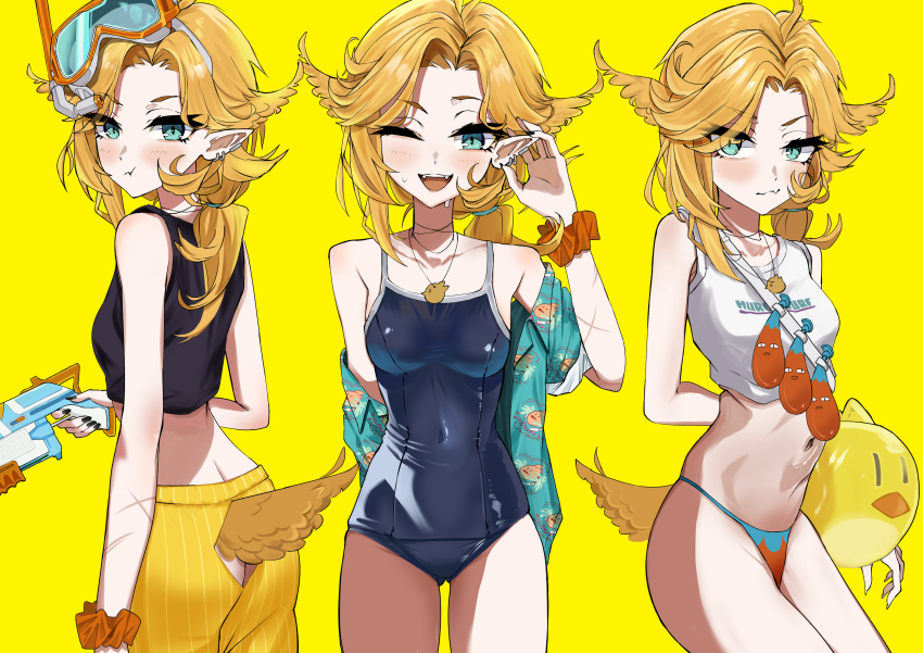 1girl absurdres ahoge ass ass_cutout bikini bird bird_tail black_shirt blonde_hair blush breasts butt_crack clothing_cutout crop_top cross_scar dokibird_(vtuber) dokibird_(vtuber)_(summer) dragoon_(dokibird) ear_piercing earrings fang feather_hair from_behind goggles goggles_on_head green_eyes hair_tie hawaiian_shirt highres holding holding_water_gun indie_virtual_youtuber jewelry long_hair looking_at_viewer looking_back low_side_ponytail midriff mont_pha multiple_views navel necklace one-piece_swimsuit one_eye_closed orange_scrunchie piercing pointy_ears ponytail pout scar scar_on_arm scrunchie shirt shorts simple_background sleeveless sleeveless_shirt smile snorkel sweatdrop swim_goggles swimsuit tail tail_through_clothes virtual_youtuber water_balloon water_gun white_shirt wrist_scrunchie yellow_background yellow_bird yellow_shorts
