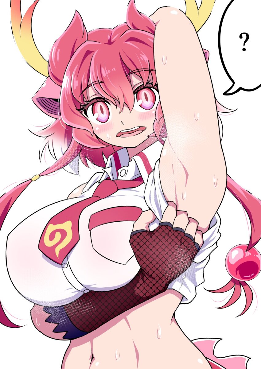 1girl ? arm_under_breasts arm_up armpit_focus armpits arms_up blush breast_pocket breasts buttons collared_shirt dragon_girl dragon_horns dragon_tail eyelashes female_focus fingerless_gloves gloves hair_between_eyes hair_ornament highres horns hot kemono_friends large_breasts looking_at_viewer mamiyama midriff multicolored_hair navel necktie open_mouth pocket red_dragon_(kemono_friends) red_eyes red_hair red_necktie red_tail rolled_sleeves shirt short_hair solo spoken_question_mark steam sweat tail teeth toned toned_female toned_stomach tongue upper_body upper_teeth_only white_hair white_shirt yellow_horns