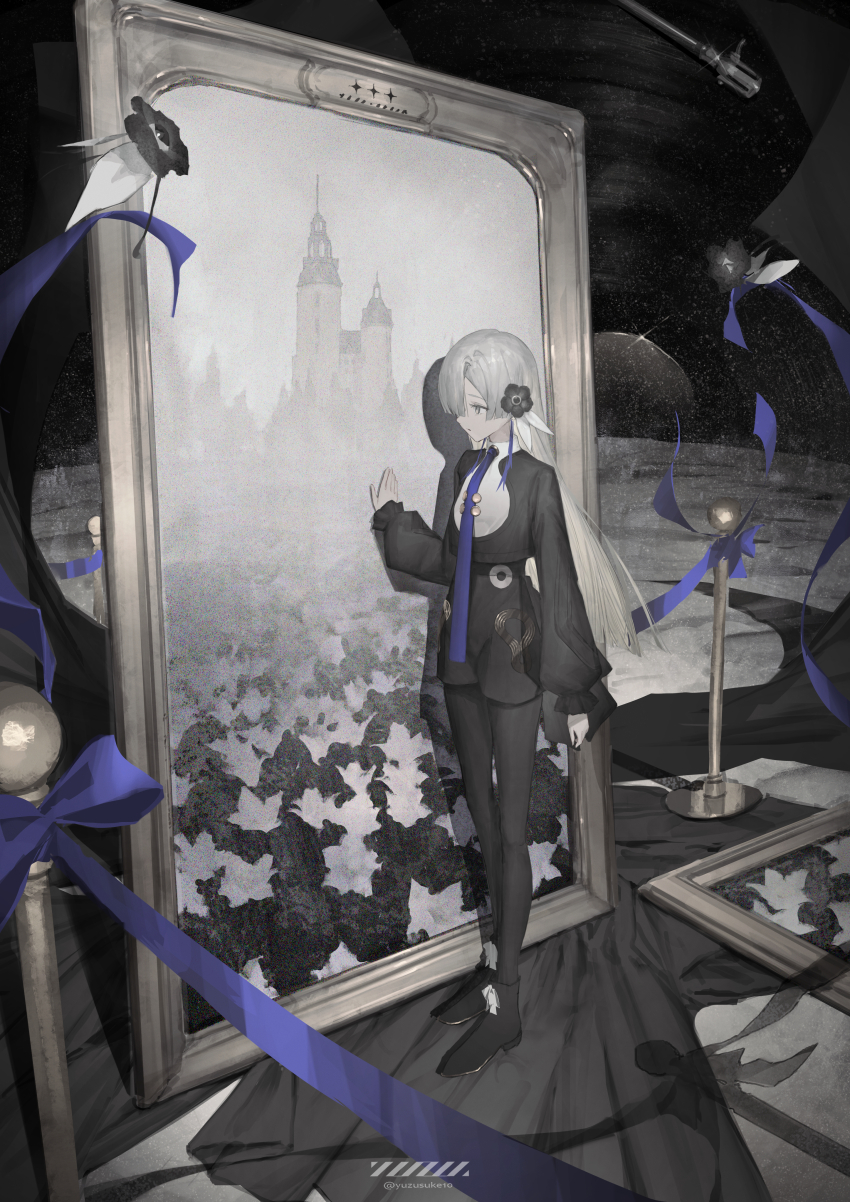 1girl absurdres black_pantyhose castle expressionless familiar field flat_chest flower flower_field full_body grey_eyes grey_hair hair_flower hair_ornament highres isekaijoucho jacket kamitsubaki_studio long_hair multicolored_hair painting_(object) pantyhose pantyhose_under_shorts purple_hair purple_ribbon ribbon shorts solo two-tone_hair virtual_youtuber yuzu_(yuzusuke10)