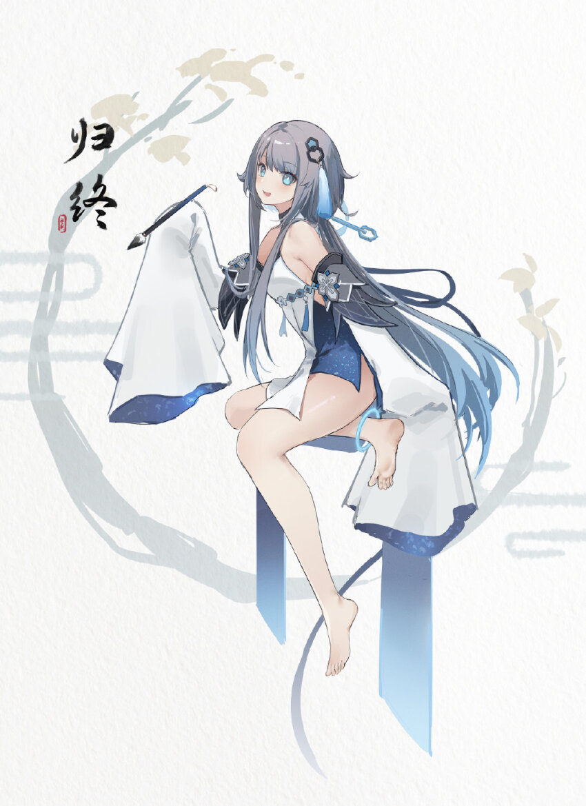1girl bare_shoulders barefoot blue_eyes blue_hair breasts calligraphy_brush china_dress chinese_clothes chinese_text detached_sleeves dress feet fu_hua full_body genshin_impact gradient_hair grey_hair guizhong_(genshin_impact) hair_ornament highres holding holding_brush long_hair long_sleeves looking_at_viewer multicolored_hair open_mouth paintbrush rassel sleeves_past_fingers sleeves_past_wrists smile soles solo starry_sky_print tassel toes white_background white_dress yukiri_(l_ii)