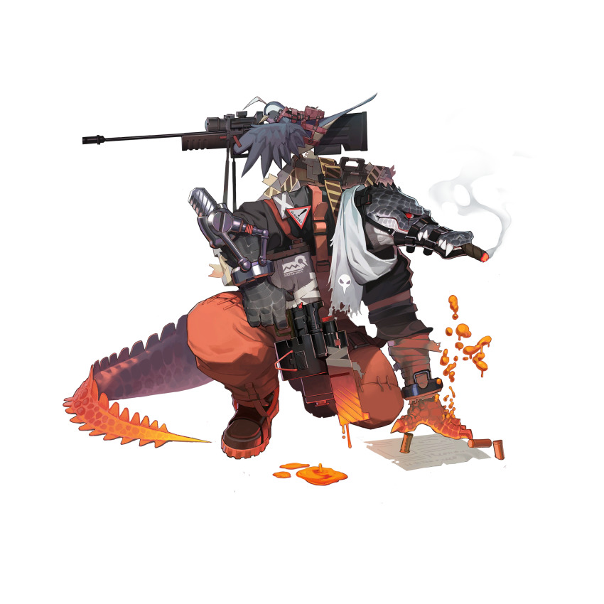 2boys ahoge alchemy_stars arm_strap bandaged_arm bandages bekk_(alchemy_stars) bird boots bullpup character_logo cigar claws colored_skin crocodile crocodilian finger_on_trigger full_body game_cg game_model grenade_launcher grey_skin gun hand_on_ground harness highres kneeling molten molten_metal mouth_hold multiple_boys multiple_straps muzzle official_art on_one_knee overalls paper patch red_eyes rifle scar scar_across_eye scar_on_face scarf serious shell_casing skull_print smoking sniper_rifle sork_(alchemy_stars) stitched_pants stitches tape thigh_strap third-party_source torn_clothes torn_scarf transparent_background weapon