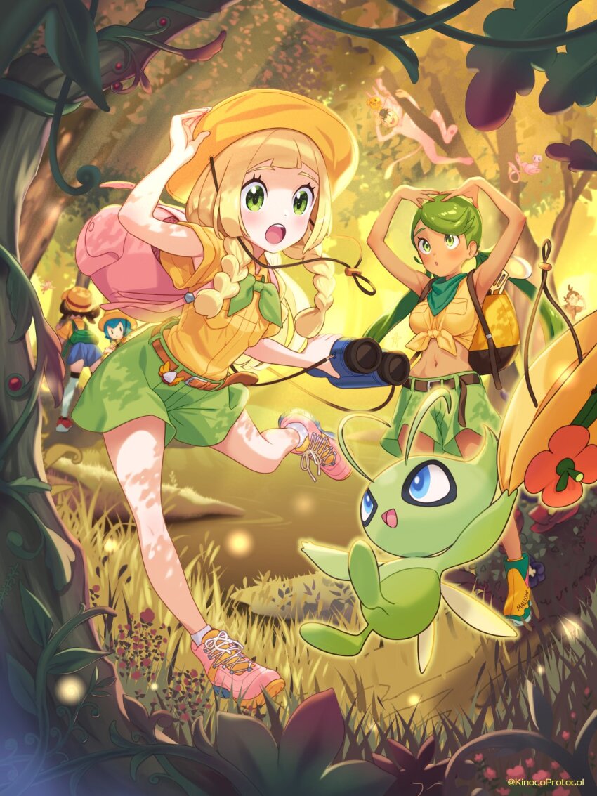 alternate_costume ash_ketchum budding_expeditioner_(pokemon) budding_expeditioner_(pokemon)_(cosplay) celebi cosplay gen_1_pokemon gen_2_pokemon goh_(pokemon) hat highres holding holding_unworn_clothes holding_unworn_hat kinocopro lana_(pokemon) legendary_pokemon lillie_(pokemon) lyra_(pokemon) mallow_(pokemon) mew_(pokemon) mew_(pokemon)_(cosplay) mythical_pokemon nintendo pikachu pink_shoes pokemon pokemon_(anime) pokemon_hgss pokemon_journeys pokemon_sm_(anime) pokemon_tcg pokemon_tcg_pocket shoes unworn_hat unworn_headwear