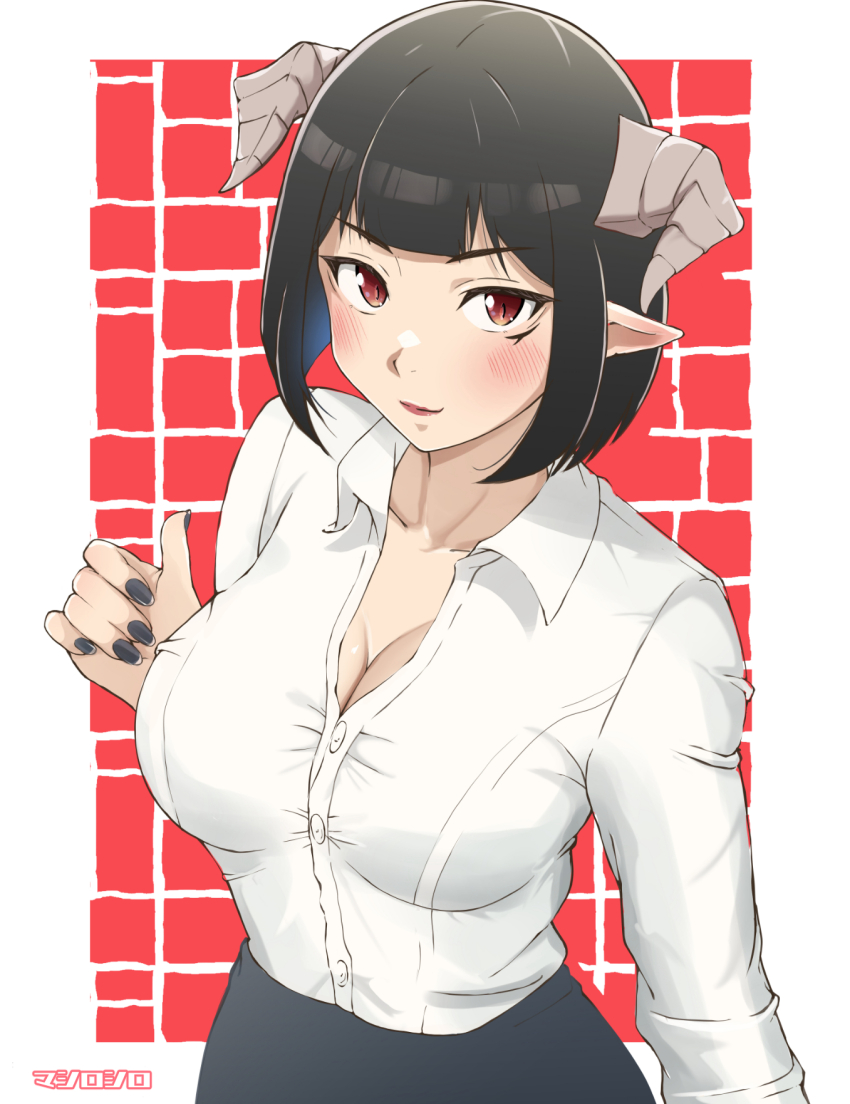 1girl black_skirt blush breasts cleavage closed_mouth demon_girl demon_horns highres hime-sama_&quot;goumon&quot;_no_jikan_desu horns large_breasts lipstick looking_at_viewer makeup mashiroshiro nail_polish partially_unbuttoned pointy_ears red_eyes shirt short_hair simple_background skirt slit_pupils smile solo torture_tortura upper_body white_shirt