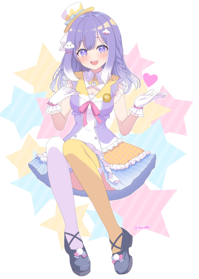 1girl asymmetrical_legwear black_shoes bow bowtie braid character_request charm_(object) cloud_hair_ornament convenient_leg dress frilled_gloves frills full_body furutori gloves gradient_hair hair_ornament hat hat_bow heart highres indie_virtual_youtuber layered_dress looking_at_viewer medium_hair mini_hat mini_top_hat mismatched_legwear mole mole_under_eye multicolored_dress multicolored_hair open_mouth pink_bow pink_bowtie pink_ribbon purple_dress purple_eyes purple_hair ribbon shoes smile solo star_(symbol) star_symbol_background teeth thighhighs top_hat twitter_username two-tone_hair upper_teeth_only virtual_youtuber white_background white_dress white_gloves white_hair white_thighhighs x_hair_ornament yellow_hat yellow_thighhighs
