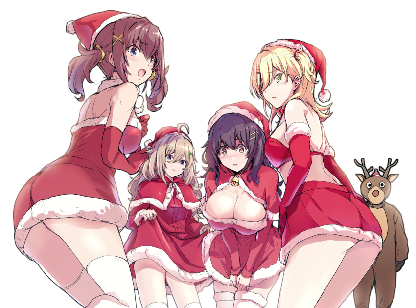 5girls animal_costume bell black_hair blonde_hair breasts brown_hair capelet christmas cleavage clothes_grab dress dress_grab dress_tug elbow_gloves fur-trimmed_capelet fur-trimmed_dress fur-trimmed_gloves fur-trimmed_skirt fur-trimmed_thighhighs fur_trim furutachi_kurea gloves hair_ornament hairclip hand_on_own_chest hat hibi_wa_sugiredo_meshi_umashi higa_tsutsuji highres hoshi_nana kashi kawai_mako large_breasts light_smile long_hair looking_back medium_breasts medium_hair miniskirt multiple_girls neck_bell ogawa_shinon open_mouth parted_lips red_capelet red_dress red_gloves red_skirt reindeer_costume santa_costume santa_hat short_dress simple_background skirt strapless strapless_dress thighhighs twintails white_background white_thighhighs x_hair_ornament