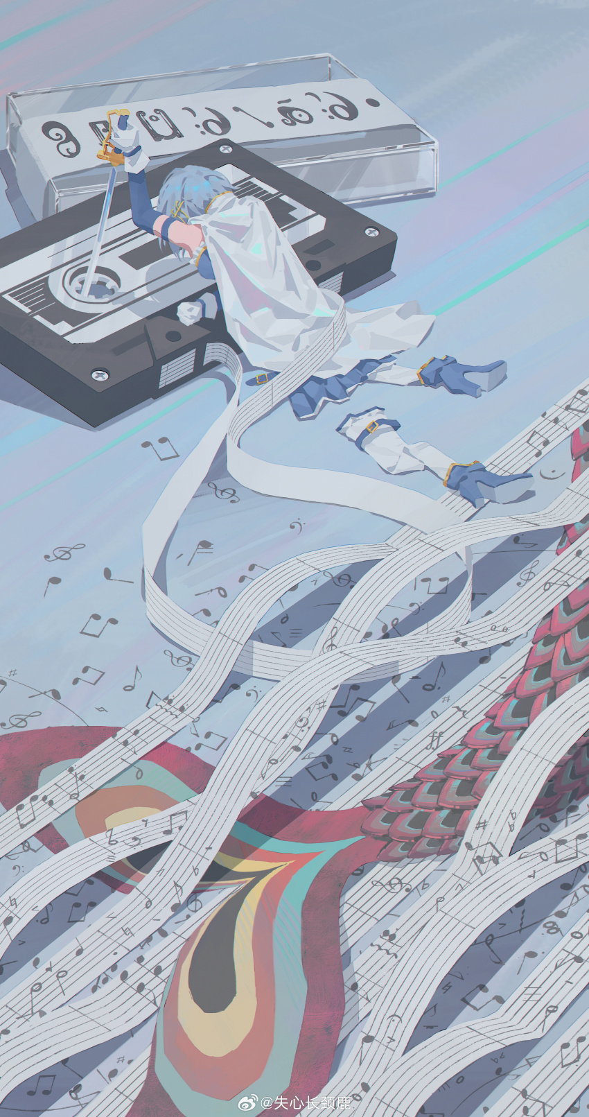 1girl absurdres armlet bare_shoulders belt belt_buckle blue_background blue_belt blue_boots blue_hair blue_shirt blue_skirt blue_sleeves boots buckle cape cassette_tape chinese_commentary clenched_hand collared_cape commentary_request detached_sleeves fins fish_tail fortissimo frilled_shirt frilled_skirt frilled_thighhighs frills from_behind full_body gloves hair_ornament hairclip high_collar high_heel_boots high_heels highres holding holding_sword holding_weapon jewelry long_sleeves lying madoka_runes mahou_shoujo_madoka_magica mahou_shoujo_madoka_magica_(anime) miki_sayaka miki_sayaka_(magical_girl) miniskirt multiple_belts musical_note musical_note_hair_ornament oktavia_von_seckendorff on_stomach open_belt oversized_object pleated_skirt sheet_music shirt shixin_changjinglu short_hair skirt solo strapless strapless_shirt sword tail thigh_belt thigh_strap thighhighs unworn_belt unworn_boots unworn_skirt unworn_thighhighs weapon white_cape white_gloves white_thighhighs