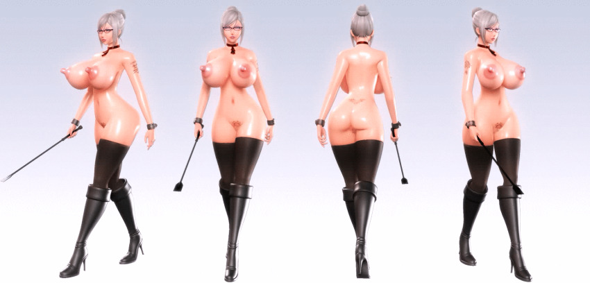 1girl 3d animated animated_gif armband ass ass_shake back_tattoo backboob boots bouncing_breasts breasts choker glasses grey_hair hand_on_own_hip heart heart_tattoo high_heel_boots high_heels highres huge_breasts looking_to_the_side navel nipples nude prison_school pubic_tattoo pussy riding_crop shiraki_meiko simple_background solo stborough_ag_seirenjo tattoo thighhighs tramp_stamp walking whip wide_hips wrist_cuffs