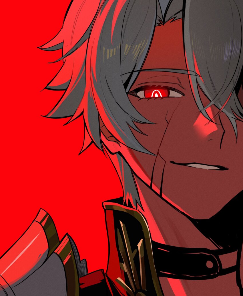 1boy absurdres armor black_choker choker collared_shirt commentary cracked_skin dark_persona eyelashes grey_hair hashtag-only_commentary hazozoyaku highres honkai:_star_rail honkai_(series) looking_at_viewer male_focus parted_bangs pauldrons phainon_(honkai:_star_rail) portrait red_background shirt shoulder_armor simple_background smile solo teeth