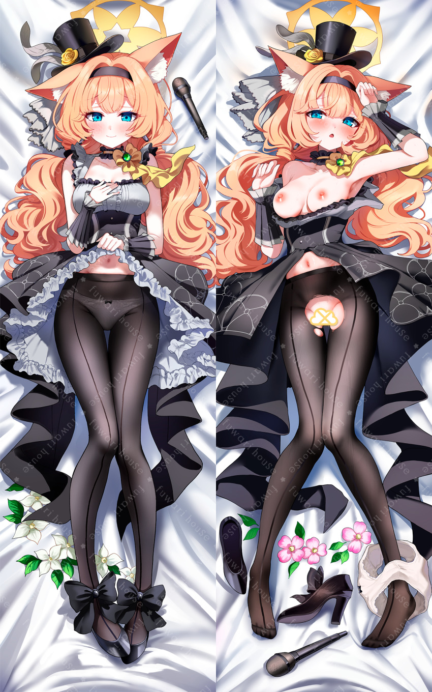 1girl absurdres animal_ear_fluff animal_ears black_bow black_shoes blue_archive blue_eyes blush bow breasts clothes_lift collarbone commentary_request crotch_cutout dakimakura_(medium) dress dress_lift eyes_visible_through_hair footwear_bow full_body hair_intakes hairband halo hand_on_own_chest highres loli long_hair looking_at_viewer lying mari_(blue_archive) mari_(idol)_(blue_archive) medium_breasts microphone multiple_views navel nipples on_back on_bed open_mouth orange_hair pantyhose sak_(lemondisk) shoes sleeveless smile torn_clothes torn_pantyhose yellow_halo