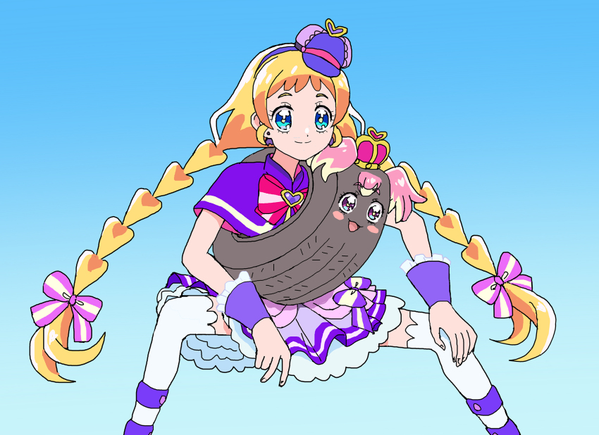 arched_crown blonde_hair blush bow brooch company_connection cosplay crossover crown dress_bow hat_ornament heart heart_brooch heart_hat_ornament highres inukai_komugi jewelry kamen_rider kamen_rider_drive kamen_rider_drive_(cosplay) kamen_rider_drive_(series) mini_crown multicolored_bow nekoyashiki_yuki pointed_crown precure shideboo_(shideboh) spoilers twintails type_speed unused_tire wonderful_precure!