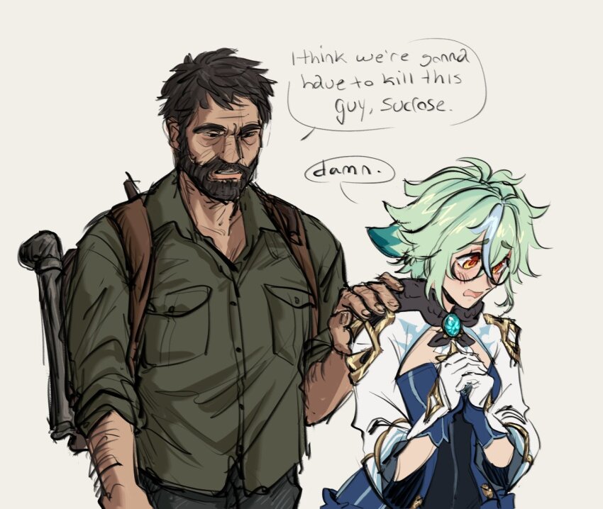 1boy 1girl beard black_hair cowboy_shot english_text facial_hair genshin_impact glasses gloves green_hair green_shirt i_think_we&#039;re_gonna_have_to_kill_this_guy_steven_(meme) joel_(the_last_of_us) meme own_hands_together shirt short_hair sour_kiwiis speech_bubble sucrose_(genshin_impact) the_last_of_us_(series) vision_(genshin_impact) white_gloves