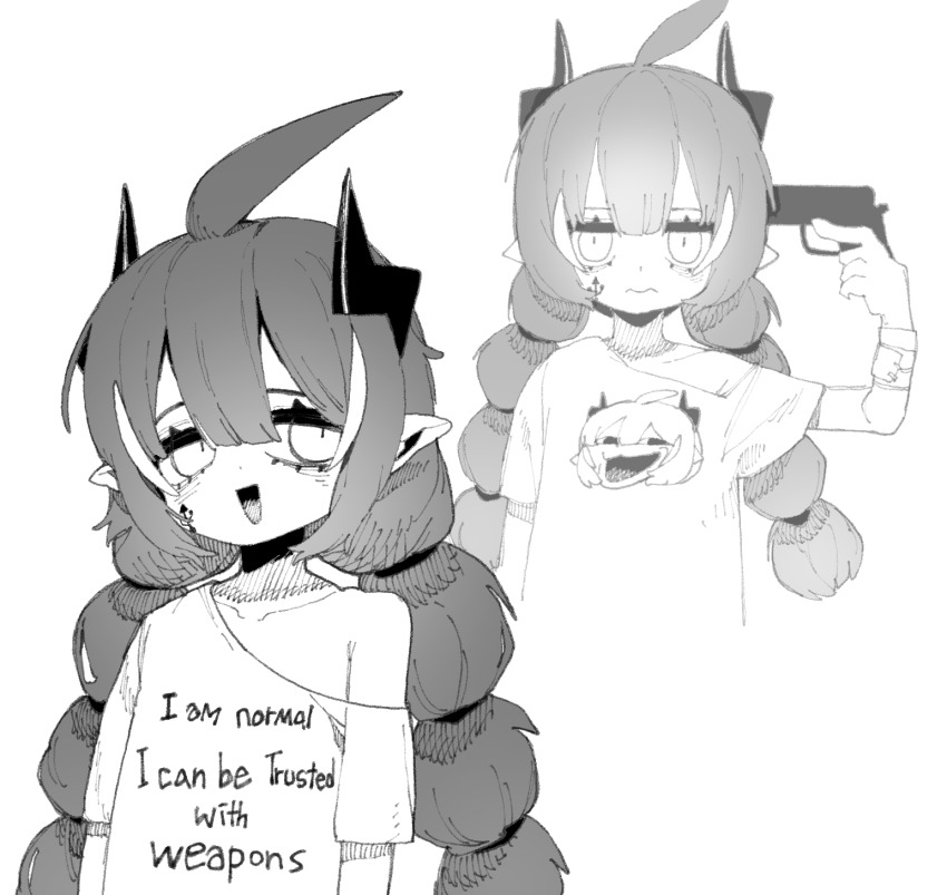 ahoge avgbirdenjoyer closed_mouth commission elfinpsyop english_text hb_091 highres horns indie_virtual_youtuber leon_the_professional long_hair looking_at_viewer looking_sideways loose_clothes loose_shirt mechanical_horns monochrome open_mouth pointy_ears shirt suicide tired_eyes trollface white_background