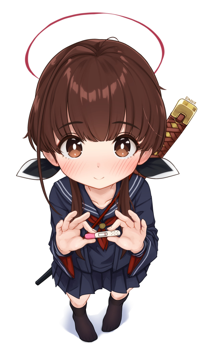 1girl absurdres artist_name black_ribbon black_socks blue_serafuku blue_skirt blunt_bangs blush brown_eyes brown_hair closed_mouth collarbone commentary comodox english_commentary flat_chest full_body hair_ribbon halo highres holding holding_pregnancy_test katana kneehighs long_hair long_sleeves looking_at_viewer low_twintails mixed-language_commentary neckerchief no_shoes ohitome_kohane pleated_skirt pregnancy_test project_kv red_halo red_neckerchief ribbon sailor_collar school_uniform serafuku shirt simple_background skirt smile socks solo standing sword twintails weapon white_background