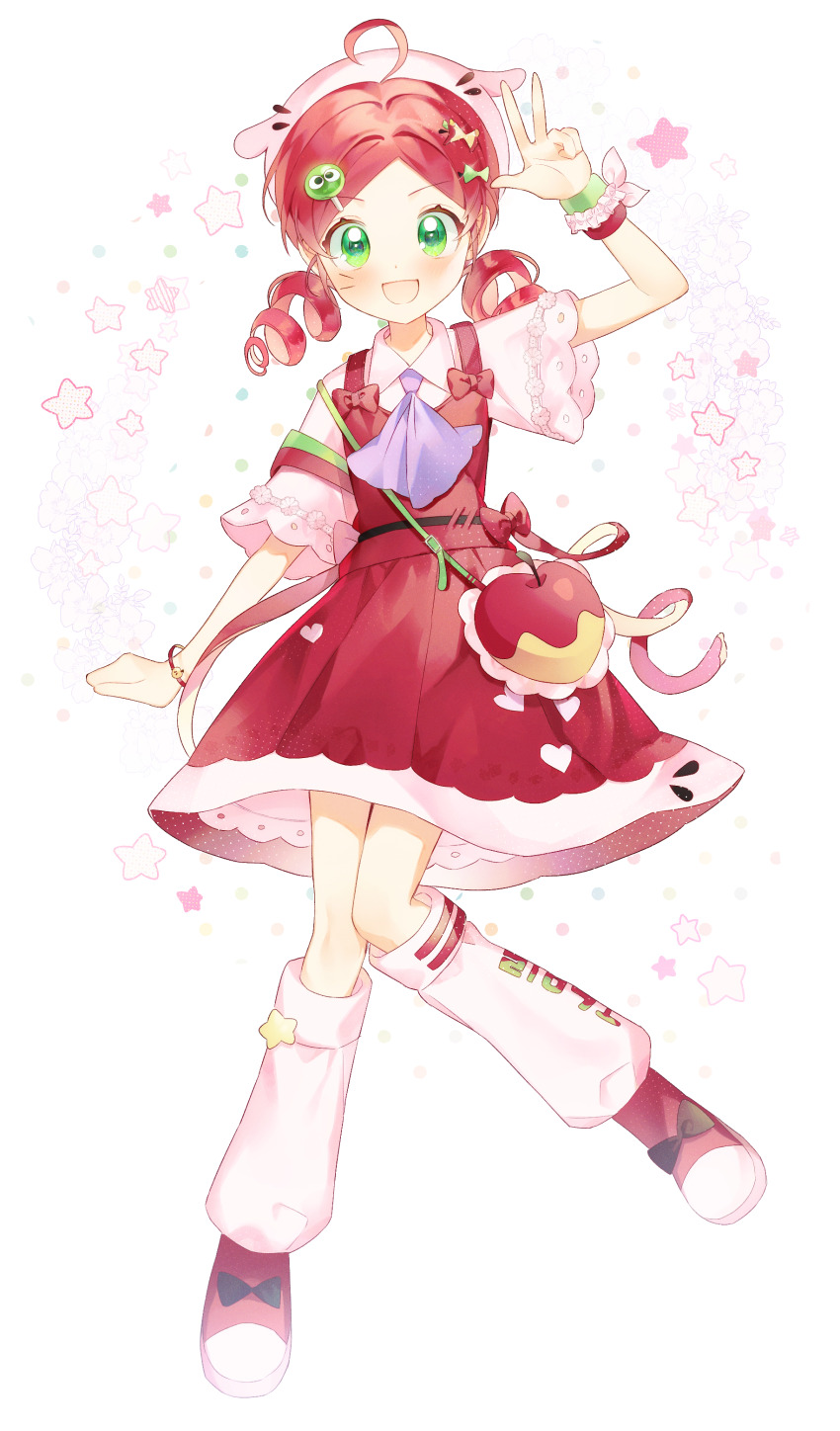 1girl absurdres ahoge andou_ringo ascot bow bracelet collared_shirt dress drill_hair eyelashes food-themed_bag footwear_bow full_body green_eyes hair_bow hat highres it_po_(sss_cmy) jewelry leg_warmers open_mouth purple_ascot puyo_(puyopuyo) puyopuyo puyopuyo_7 red_dress red_footwear red_skirt red_vest shirt short_sleeves skirt star_(symbol) twin_drills v vest white_background