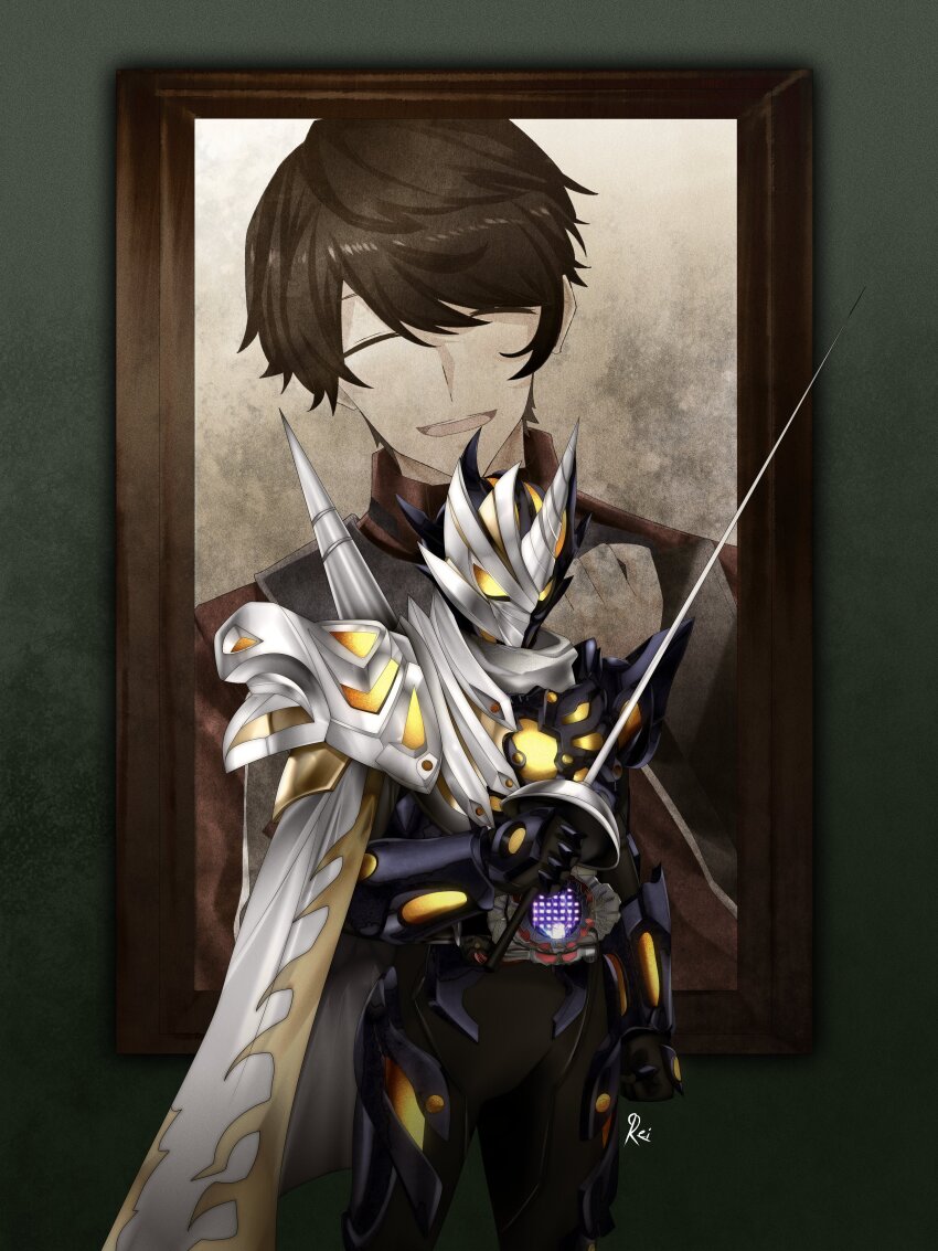 2boys absurdres alchemist alchemist_academy_school_uniform alternate_form animification armor black_armor black_bodysuit blue_armor blue_gloves bodysuit closed_eyes cropped_legs rider_belt gauntlets gloves glowing glowing_eyes green_background gun highres holding holding_sword holding_weapon kamen_rider kamen_rider_dread kamen_rider_gotchard_(series) looking_at_viewer male_focus minato_(kamen_rider_gotchard) multiple_boys official_alternate_costume open_mouth photo_(object) portrait rapier reiei_8 rider_belt scarf shoulder_armor side_cape signature skeleton solo_focus sword tokusatsu torn_clothes torn_scarf type_one_form unicorn weapon white_scarf yellow_eyes