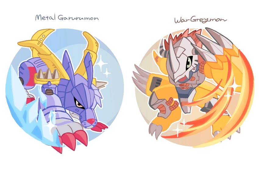 all_fours armor blue_armor character_name chibi cyborg digimon digimon_(creature) dragon fire green_eyes highres ice mechanical_wings megane_mochi metalgarurumon red_eyes red_hair simple_background wargreymon white_background wings wolf yellow_armor