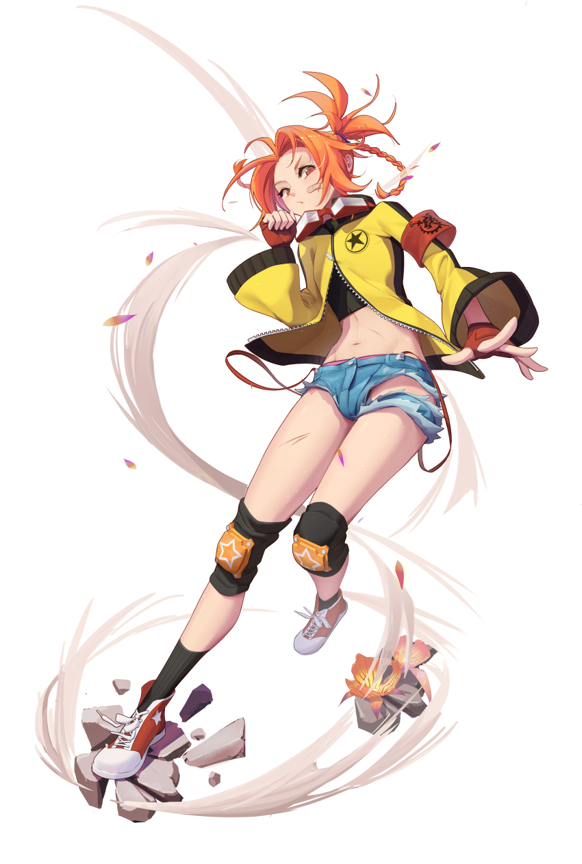 1girl 7th_dragon_(series) 7th_dragon_2020 absurdres armband artist_request bandaid bandaid_on_face black_legwear braid center_opening commentary_request denim denim_shorts destroyer_(7th_dragon_2020) flat_chest floro_(7th_dragon) flower full_body gloves goggles goggles_around_neck highres jacket knee_pads midriff navel nishimura_haru_(7th_dragon) pants parted_hair petals ponytail red_eyes red_footwear red_gloves red_hair rubble scar scar_on_leg shoes short_shorts shorts simple_background sneakers socks standing standing_on_one_leg star_(symbol) star_print striped_clothes striped_legwear striped_socks tachi-e thick_eyebrows torn_clothes torn_pants vertical-striped_clothes vertical-striped_socks white_background wind yellow_jacket zipper