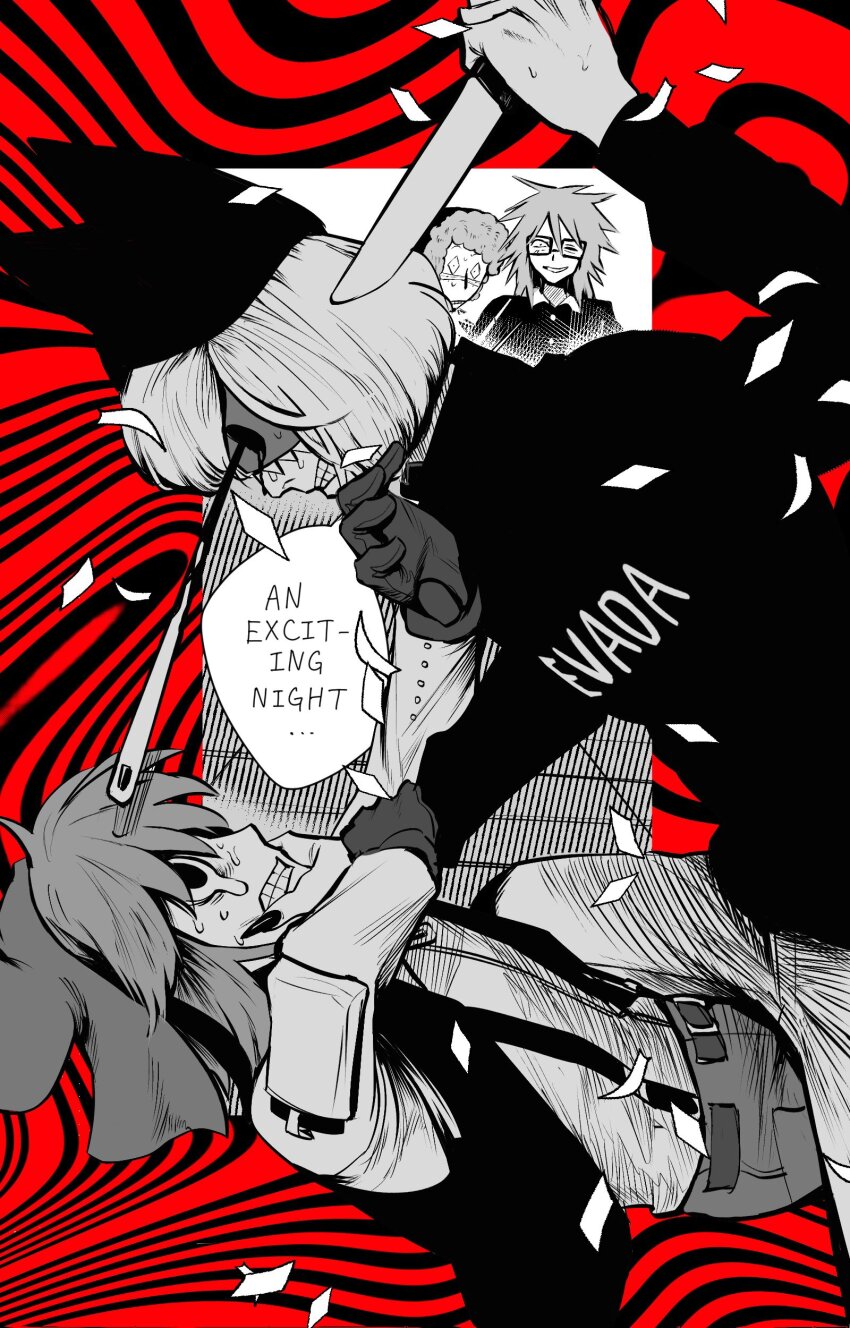 4boys absurdres animal_hat bleeding blood bloody_tears cat_hat clenched_teeth confetti duel english_text fingernails gloves grabbing_another&#039;s_arm grabbing_another&#039;s_chin greyscale_with_colored_background hand_on_another&#039;s_chin hand_on_another&#039;s_face hat highres holding holding_knife knife male_focus mask mouse_hat multiple_boys needle nyen_(randal&#039;s_friends) present_day_problem_takeuchi_robert pushing_away randal&#039;s_friends randal_ivory red_background sebastian_de_tomato_smith_chicken_legs sharp_fingernails short_hair sitting sitting_on_person stab suspenders sweater teardrop teeth turtleneck turtleneck_sweater vest y_ahyahyah
