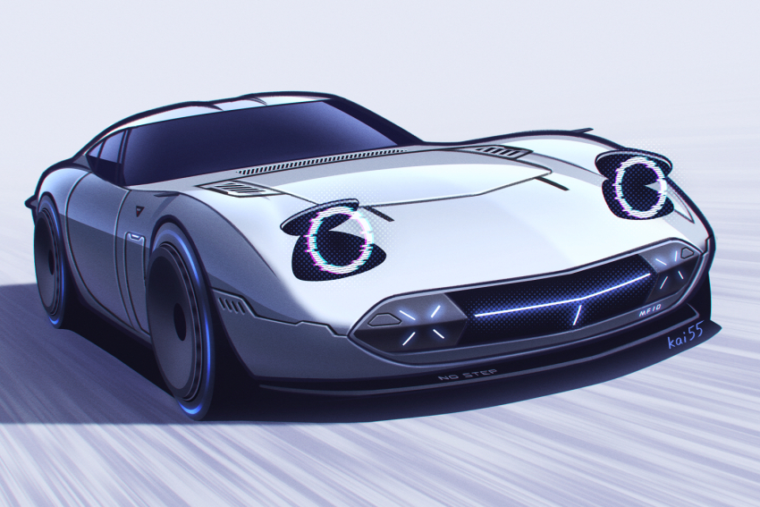 artist_name car glowing hologram kai55 motion_blur motor_vehicle no_humans original pop-up_headlights science_fiction shadow sports_car toyota toyota_2000gt vehicle_focus white_car