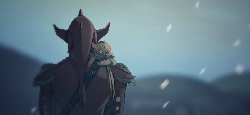 2boys bandaged_arm bandages belt black_belt black_gloves blonde_hair carrying carrying_person chest_belt closed_eyes colored_skin commentary_request fingerless_gloves fins fish_boy from_behind gloves head_fins highres holding link long_pointy_ears male_focus mountainous_horizon multiple_boys nintendo pointy_ears ponytail red_skin short_ponytail sidon size_difference teto_ten the_legend_of_zelda the_legend_of_zelda:_breath_of_the_wild upper_body zora