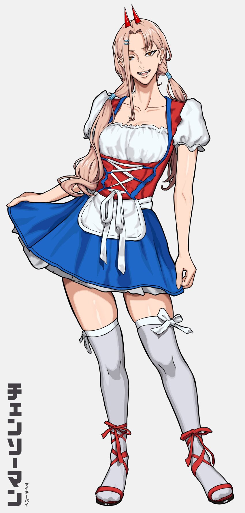 1girl absurdres blonde_hair chainsaw_man clothes_lift collarbone commentary demon_girl demon_horns dress dutch_clothes english_commentary fangs frilled_dress frills full_body head_tilt highres horns long_hair looking_at_viewer mikey_pie parted_bangs power_(chainsaw_man) red_horns short_dress simple_background solo thighhighs translation_request twintails white_background white_thighhighs zettai_ryouiki