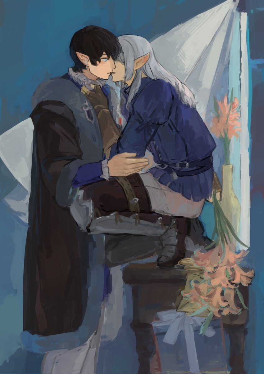 2boys armored_legwear aymeric_de_borel belt belt_buckle betulaer black_belt black_coat black_gloves black_hair blue_eyes blue_shirt buckle buttons coat commentary curtains elbow_gloves elezen elf estinien_varlineau final_fantasy final_fantasy_xiv fingerless_gloves flower frilled_sleeves frills fur-trimmed_coat fur_trim gloves hair_behind_ear hand_on_another&#039;s_neck hashtag-only_commentary highres holding holding_flower imminent_kiss kneeling long_hair long_pointy_ears long_sleeves looking_at_another male_focus multiple_boys pants parted_lips pointy_ears puffy_sleeves shirt short_hair table vase white_hair white_pants window yaoi yellow_flower