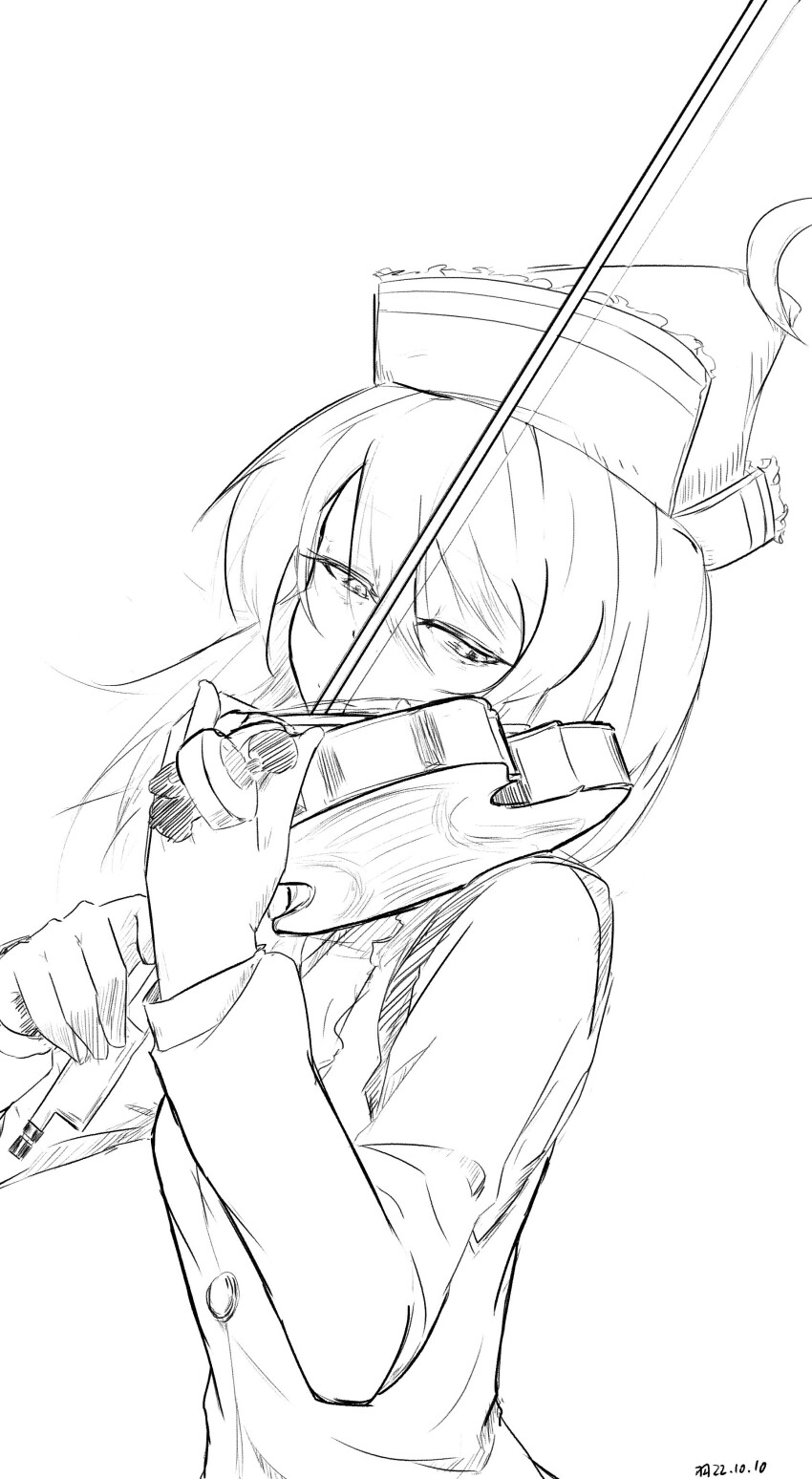 1girl absurdres bow_(music) breasts greyscale hair_between_eyes head_tilt highres holding holding_instrument holding_violin instrument lineart long_sleeves lunasa_prismriver medium_hair monochrome music one-hour_drawing_challenge playing_instrument small_breasts solo touhou upper_body ve1024 violin