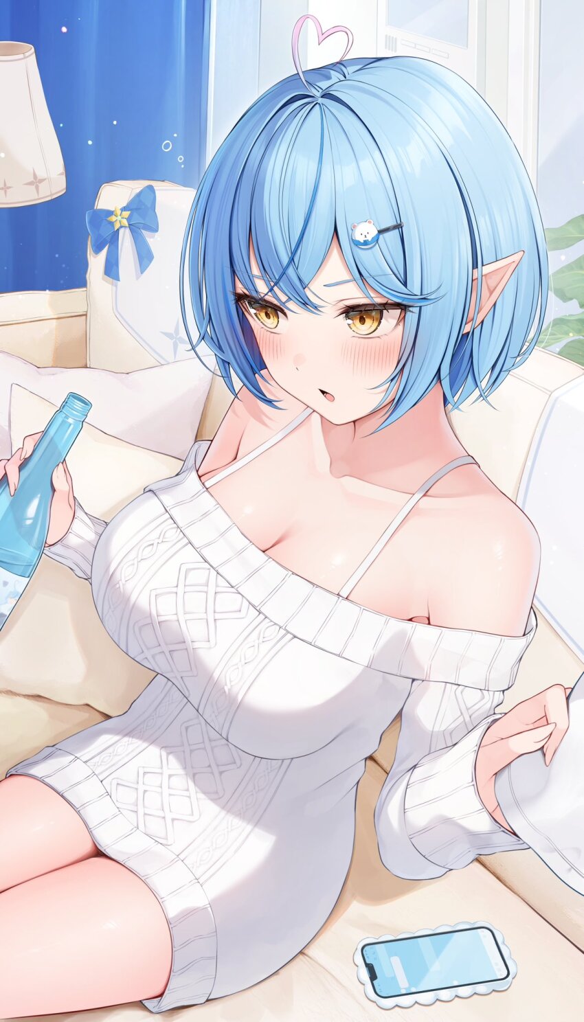 1girl ahoge alternate_costume bare_shoulders blue_hair blush bob_cut bottle breasts cellphone cleavage commentary_request couch crossed_bangs day double-parted_bangs dress hair_between_eyes hair_ornament hairclip heart heart_ahoge highres holding holding_bottle hololive indoors large_breasts long_hair long_sleeves multicolored_hair off-shoulder_dress off-shoulder_sweater off_shoulder official_alternate_hair_length official_alternate_hairstyle on_couch open_mouth phone pointy_ears short_hair sitting smartphone solo streaked_hair sweater sweater_dress tyabesu very_long_hair virtual_youtuber white_sweater yellow_eyes yukihana_lamy
