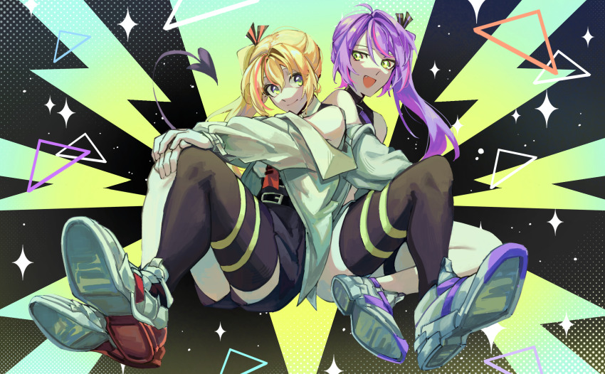 2girls :d absurdres alternate_costume alternate_hairstyle black_thighhighs blonde_hair blush closed_mouth double-parted_bangs eye_contact fang full_body green_eyes highres hololive jacket legzy long_hair looking_at_another matching_outfits momosuzu_nene multicolored_hair multiple_girls open_mouth pink_hair purple_hair remote_control_(vocaloid) shoe_soles shoes side_ponytail single_thighhigh smile sneakers streaked_hair swept_bangs symmetry thighhighs tokoyami_towa virtual_youtuber white_footwear white_jacket
