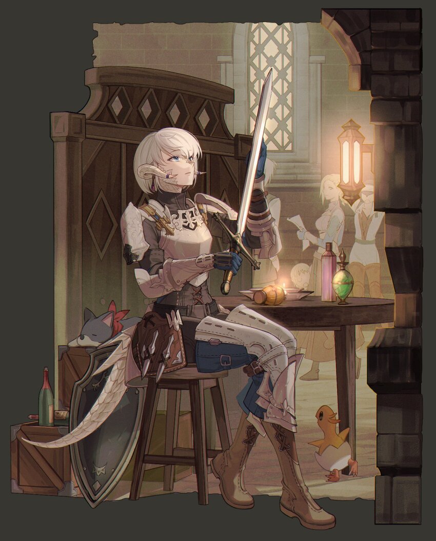 3girls armor au_ra blonde_hair blue_eyes blue_gloves boots border bottle breastplate brick_wall brown_footwear chair chocobo commentary_request crate curled_horns dog dragon_girl dragon_horns dragon_tail final_fantasy final_fantasy_xiv flask from_side full_body gloves grey_border highres holding holding_sword holding_weapon horn_ornament horn_ring horns indoors knee_boots korean_commentary looking_up minfilia_warde multiple_girls on_chair paladin_(final_fantasy) pauldrons scales shield shin_guards short_hair shoulder_armor shrimp_sandwich sitting solo_focus stool sword table tail vambraces warrior_of_light_(ff14) weapon window yda_hext