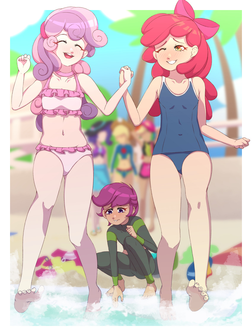 2022 20s 6+girls apple_bloom applejack bare_legs bare_shoulders barefoot beach bikini blush border bow bowtie child collarbone cutie_mark_crusaders day feet_in_water flat_chest full_body gluteal_fold hair_bow hair_ornament hasbro highres holding_hands matching_hair/eyes multiple_girls my_little_pony my_little_pony:_equestria_girls my_little_pony:_friendship_is_magic navel one-piece_swimsuit open_mouth orange_eyes outdoors pink_bow pink_hair purple_eyes purple_hair rainbow_dash rarity_(my_little_pony) red_hair rockset sand school_swimsuit scootaloo smile soles standing stomach sweetie_belle swimsuit toes water white_border