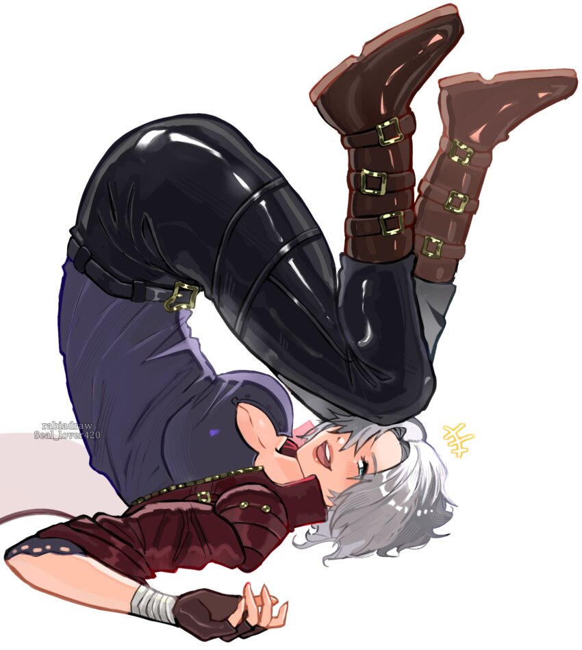 1girl ass blue_eyes boot_straps boots breasts coat dante_(devil_may_cry) devil_may_cry_(series) devil_may_cry_5 fingerless_gloves genderswap genderswap_(mtf) gloves grey_hair highres leather leather_pants pants red_coat seal_lover420 short_hair simple_background smile white_hair wrist_wrap
