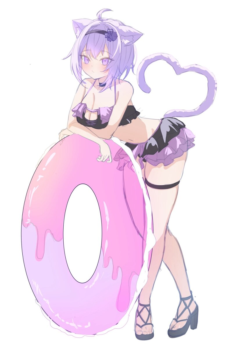 1girl ahoge amaguri_(guri_0330) animal_ear_fluff animal_ears bare_shoulders bikini black_bikini cat_cutout cat_ears cat_girl cat_tail cleavage_cutout clothing_cutout full_body highres hololive nekomata_okayu purple_tail short_hair sketch solo swim_ring swimsuit tail virtual_youtuber