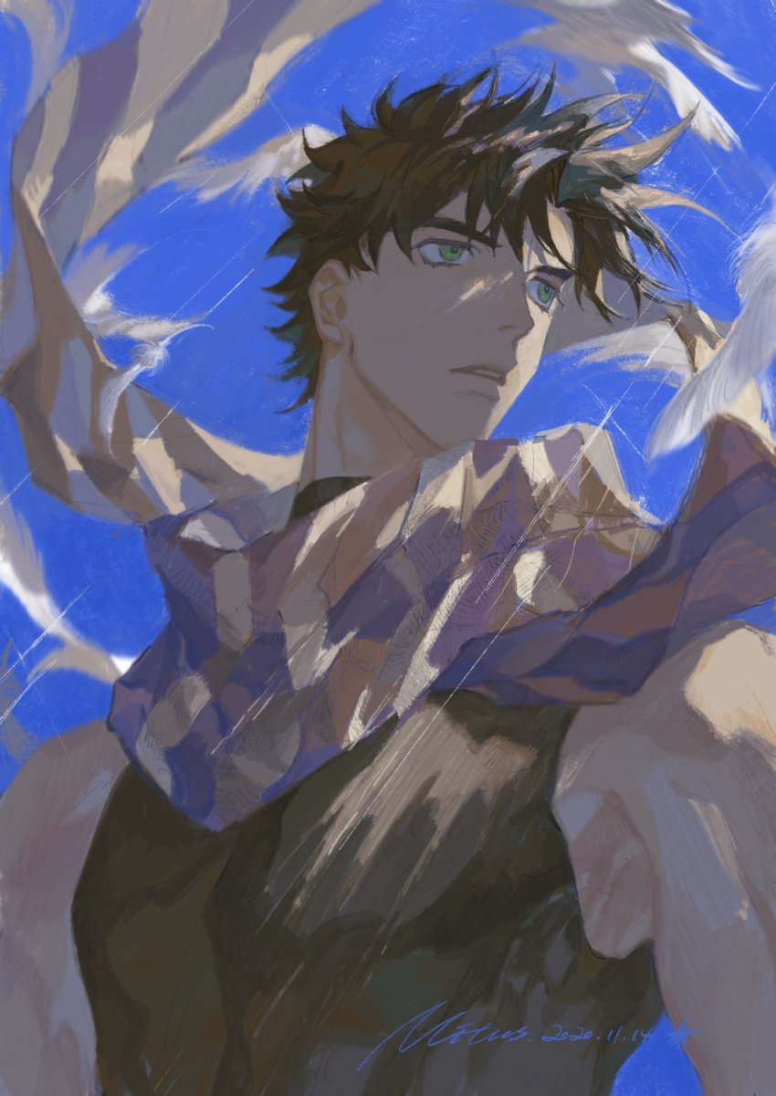 1boy bare_shoulders battle_tendency bird brown_hair fingerless_gloves gloves green_eyes highres jojo_no_kimyou_na_bouken joseph_joestar joseph_joestar_(young) male_focus mitus pigeon scarf sky solo sparkle striped_clothes striped_scarf