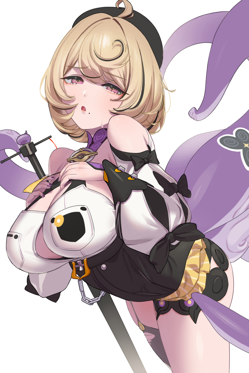 1girl absurdres ahoge beret black_hair black_hat blonde_hair breasts cleavage_cutout clothing_cutout hair_between_eyes hand_on_own_chest hat highres large_breasts long_sleeves mole mole_under_mouth monster_girl multicolored_hair mushioicharax pink_eyes scylla shirt short_hair simple_background solo tentacle_girl tentacles white_background white_shirt yidhari_murphy zenless_zone_zero