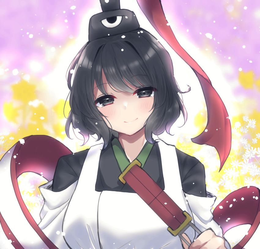 1girl absurdres black_eyes black_hair black_hat black_kimono blurry blurry_background breasts closed_mouth commentary depth_of_field detached_sleeves dot_nose eye_of_senri eyelashes floral_background flower genderswap genderswap_(otf) happy hashtag-only_commentary hat hat_ribbon highres holding holding_rod japanese_clothes jinbei_(clothes) kariginu kimono large_breasts layered_sleeves len&#039;en light_blush light_particles long_sleeves ofuda ofuda_on_clothes ougi_hina outline pink_background red_ribbon ribbon rod senri_tsurubami short_hair smile solo straight-on tate_eboshi upper_body white_flower white_outline white_sleeves yellow_flower