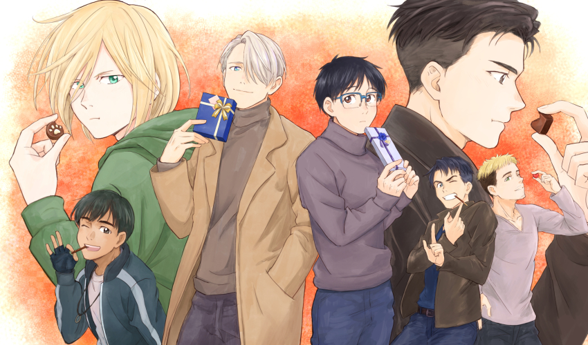6+boys :t ;d black_gloves black_hair blonde_hair blue-framed_eyewear blue_eyes brown_eyes candy chocolate chocolate_heart christophe_giacometti coat cookie denim eating facial_hair fingerless_gloves food gift glasses gloves green_eyes grey_eyes grin hair_over_one_eye hand_in_pocket heart highres it&#039;s_j.j._style! jean-jacques_leroy jeans katsuki_yuuri male_focus mouth_hold multiple_boys one_eye_closed open_mouth otabek_altin pants phichit_chulanont pocky revision silver_hair smile takeshi_(mononohu20) turtleneck valentine viktor_nikiforov yuri!!!_on_ice yuri_plisetsky