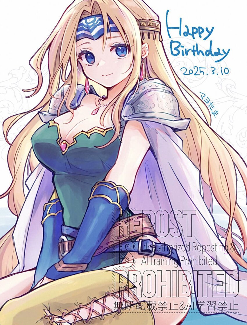 1girl armor belt blonde_hair blue_eyes boots breasts cape celes_chere cleavage closed_mouth dated final_fantasy final_fantasy_vi green_leotard hair_ornament happy_birthday highres jewelry leotard light_smile long_hair medium_breasts multiple_belts necklace pan_ff6 parted_bangs pauldrons purple_cape shoulder_armor solo thigh_boots thighhighs v_arms wavy_hair yellow_thighhighs
