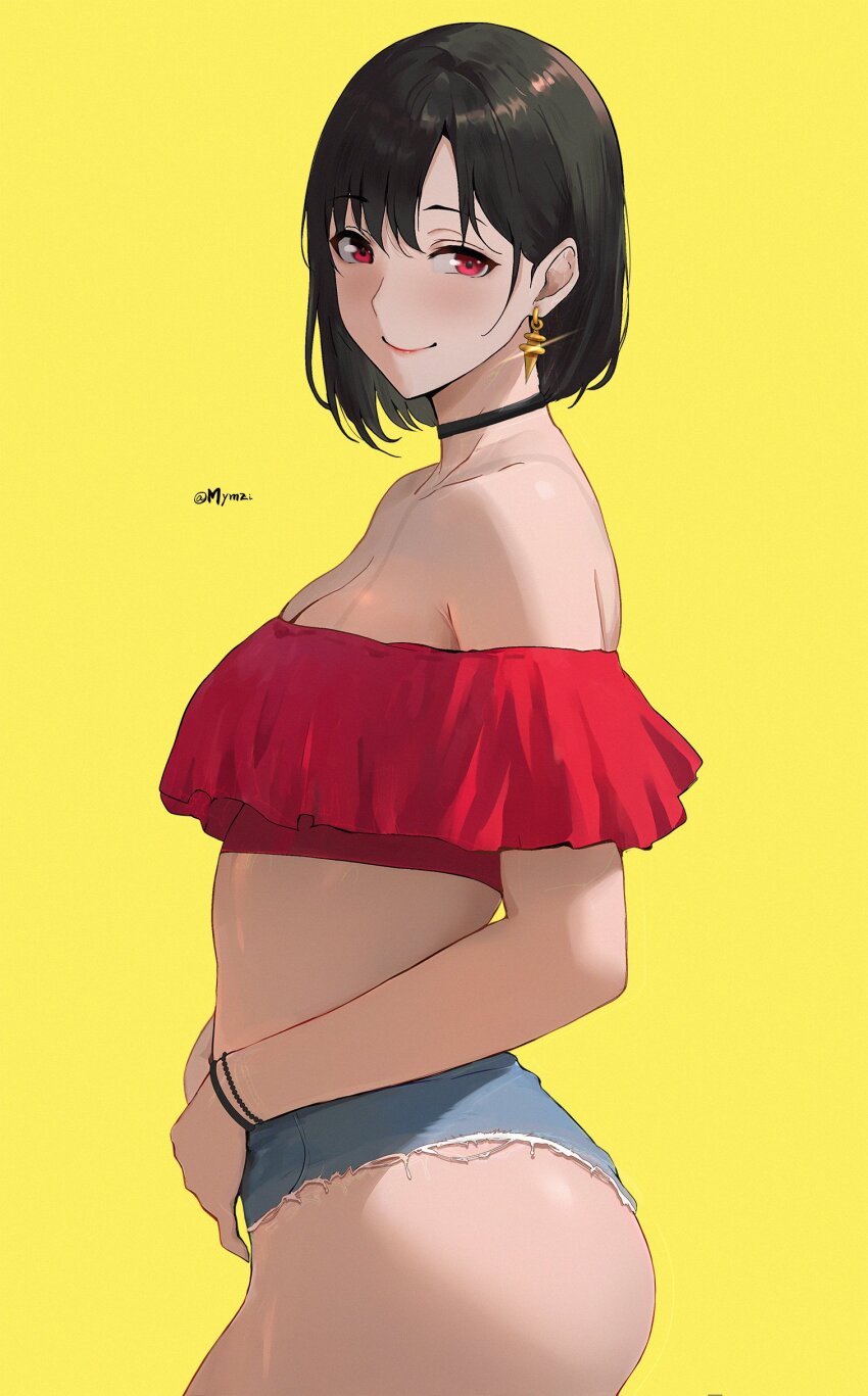 1girl absurdres alternate_costume alternate_hair_length alternate_hairstyle ass bare_shoulders black_choker black_hair bracelet breasts choker closed_mouth crop_top cutoffs denim denim_shorts earrings floating_earrings frilled_tube_top frills from_side glint highres jewelry micro_shorts mymzi red_eyes short_hair shorts smile solo spy_x_family strapless tube_top twitter_username yellow_background yor_briar