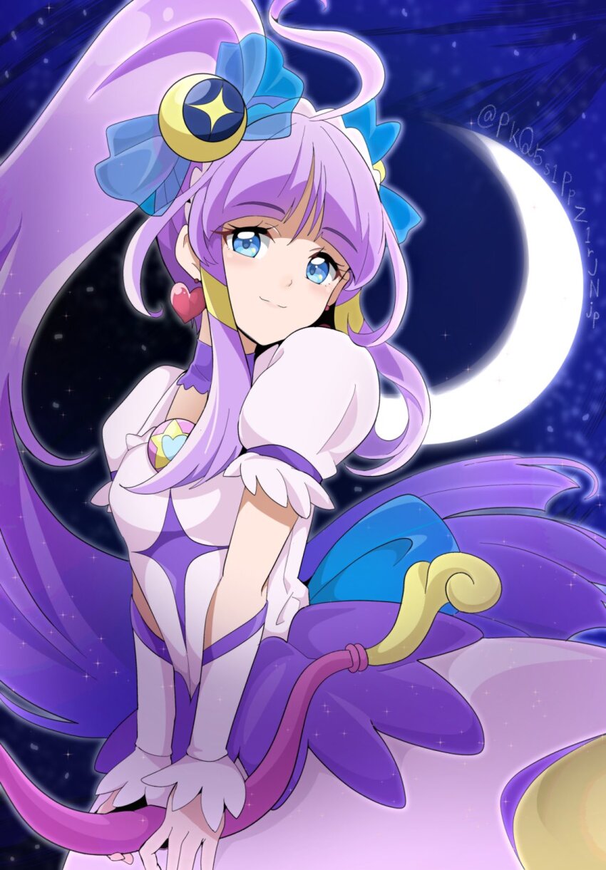 1girl alternate_hairstyle blue_eyes choker crescent crescent_earrings cure_selene dress earrings hair_ornament heart_pouch highres jewelry kaguya_madoka long_hair looking_at_viewer magical_girl mochi_curry night precure puffy_sleeves purple_choker purple_dress purple_hair rainbow_skirt short_sleeves smile solo star_(symbol) star_choker star_color_pen star_color_pendant star_hair_ornament star_twinkle_precure very_long_hair