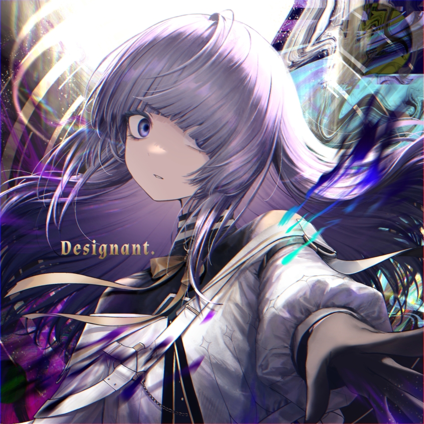 1girl arcaea black_gloves bow gloves hair_between_eyes hair_over_one_eye highres insight_(arcaea) insight_(designant)_(arcaea) jewelry long_sleeves portrait purple_eyes reaching reaching_towards_viewer shirt solo user_ndaj3532 white_hair white_shirt yellow_bow