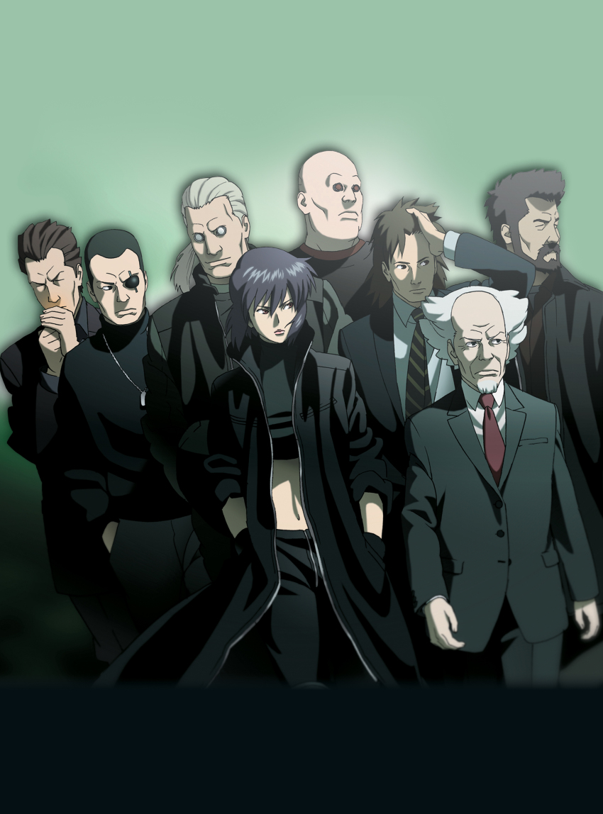 00s 1girl 6+boys absurdres aramaki_daisuke batou_(gits) boma_(gits) everyone ghost_in_the_shell ghost_in_the_shell:_stand_alone_complex highres ishikawa_(gits) kusanagi_motoko multiple_boys paz_(gits) saito saitou_(gits) togusa_(gits)