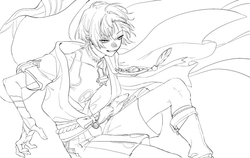 1boy anemo_symbol_(genshin_impact) arm_at_side armor belt blunt_ends bodysuit bow bridal_gauntlets cape covered_collarbone curled_fingers feathers fingernails furisode gem genshin_impact hakama hakama_shorts han&#039;eri highres japanese_armor japanese_clothes kaimochi0839 kimono knee_up kote kurokote layered_clothes layered_kimono layered_sleeves leg_warmers lineart looking_to_the_side male_focus mandarin_collar monochrome open_clothes open_kimono parted_lips pleated_shorts pom_pom_(clothes) raised_eyebrow rope sash scaramouche_(genshin_impact) short_sleeves shorts shoulder_peek sketch small_pupils smirk socks solo tassel three_quarter_view tsurime vision_(genshin_impact) wanderer_(genshin_impact)